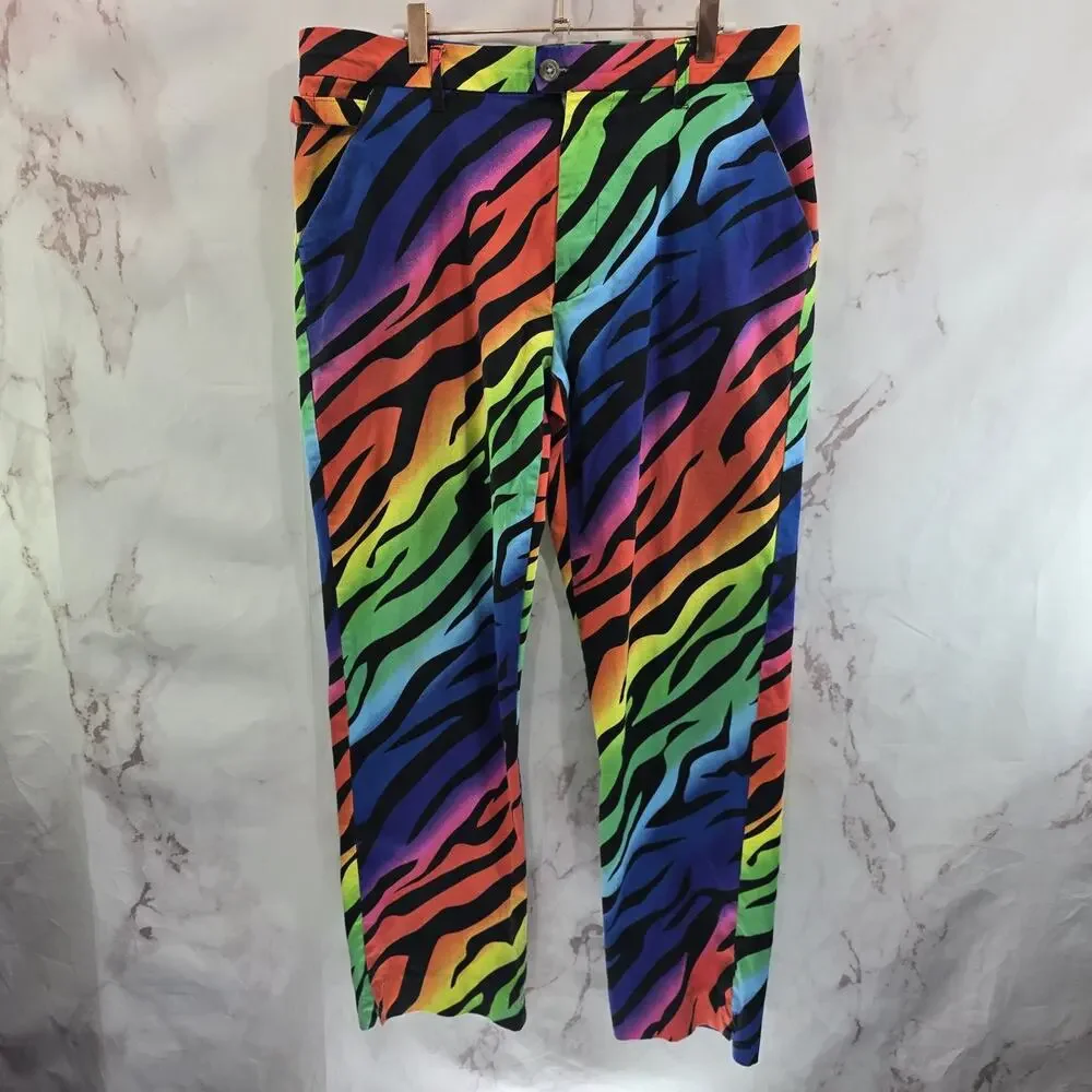 Royal Awesome Pants Mens 36 X 30 Zebra Tiger Rainbow Chino Pride Neon
